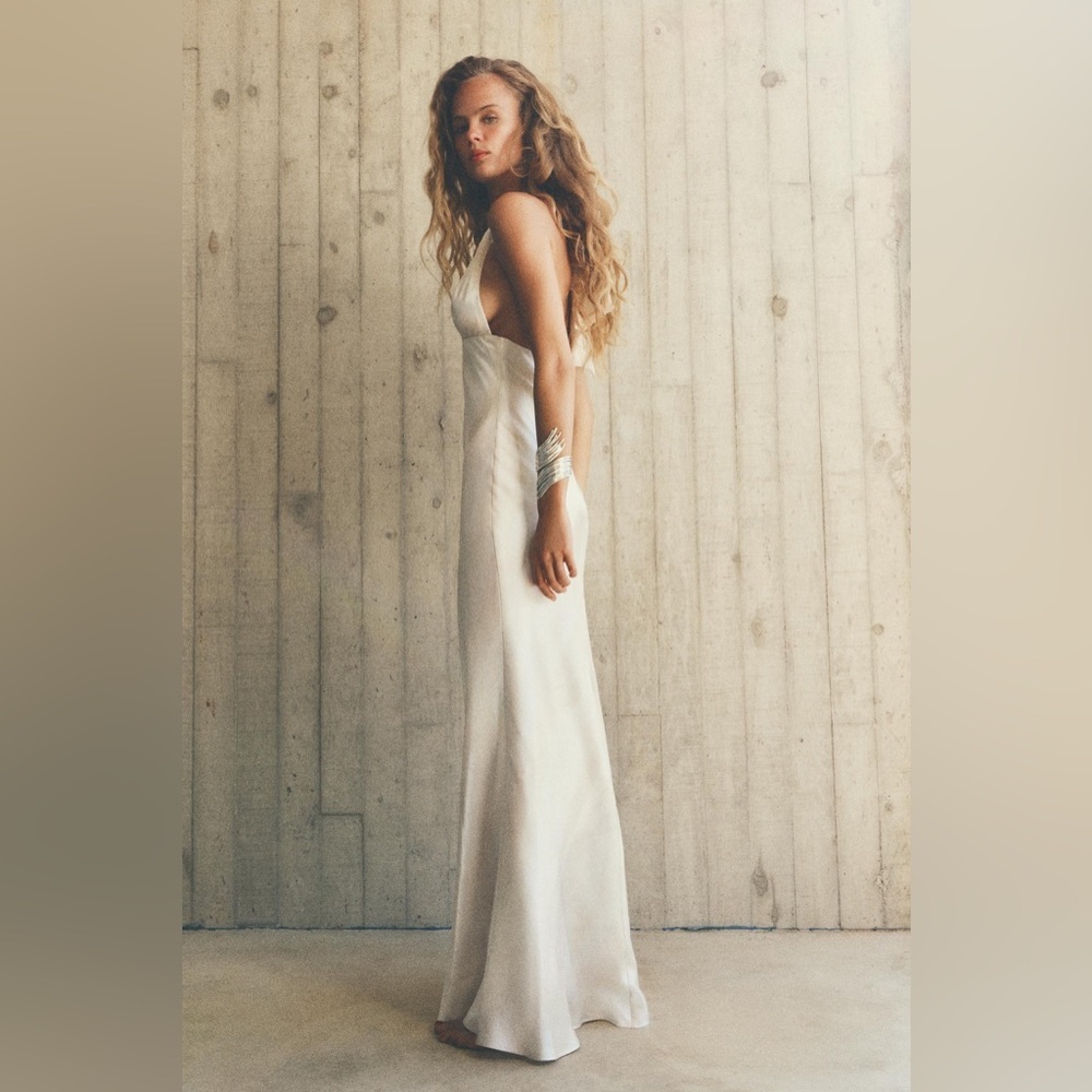 Zara maxi dress formal gown pearl satin effect halter evening wedding bodycon
